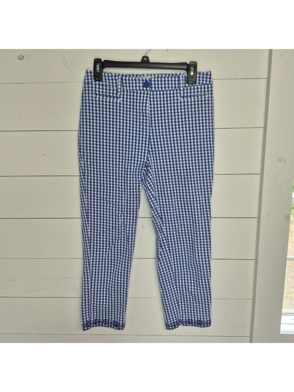 Talbots Womens Blue & White Gingham Check Ankle Pants With Embroidered Hem Size